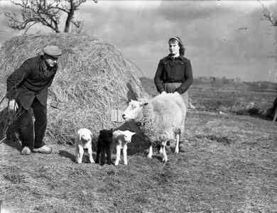 821085 Afbeelding van een boer Van de Bilt en zijn dochter (Huppeldijk 2) te Utrecht met een schaap met drie lammetjes.
